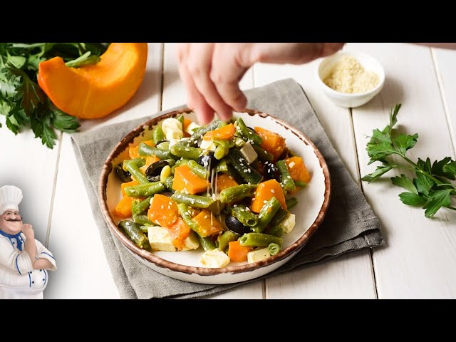 Салат из запечённой тыквы и зелёной фасоли быстрый рецепт на ужин