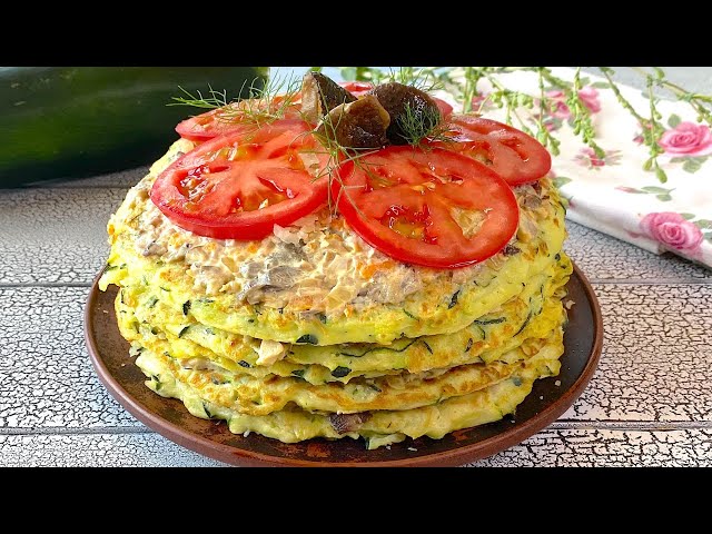 Закусочный кабачковый торт с грибами и сыром