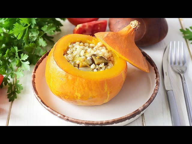 Готовлю фаршированную тыкву с перловкой и баклажанами без мяса (в духовке)