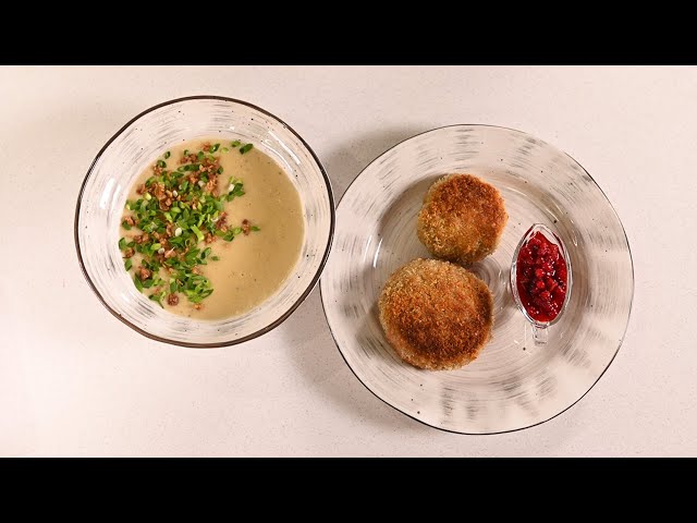 Котлеты из утки в хрустящей панировке с моченой брусникой. Крем-суп из картофеля с печеным чесноком от Кухня ТВ