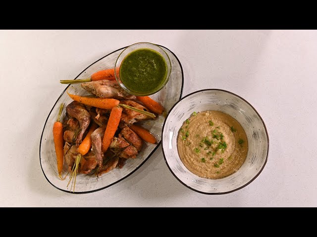 Запеченный кролик с молодой морковью и соусом песто. Крем из жареного картофеля со сливками и сыром от Кухня ТВ