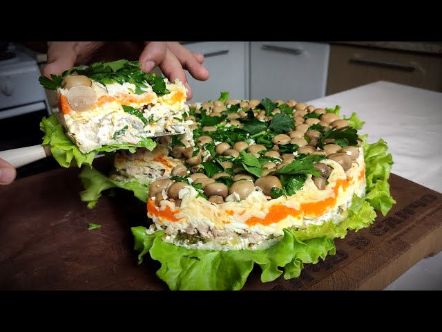 Слоёный салат с маринованными грибами и огурцами от Ранчо у Санчо