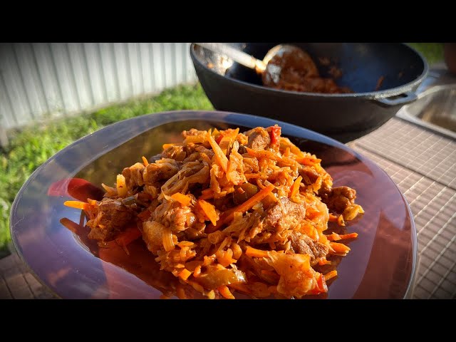 Мужики оценят! Тушеное мясо с квашеной капустой. Бигус в казане.